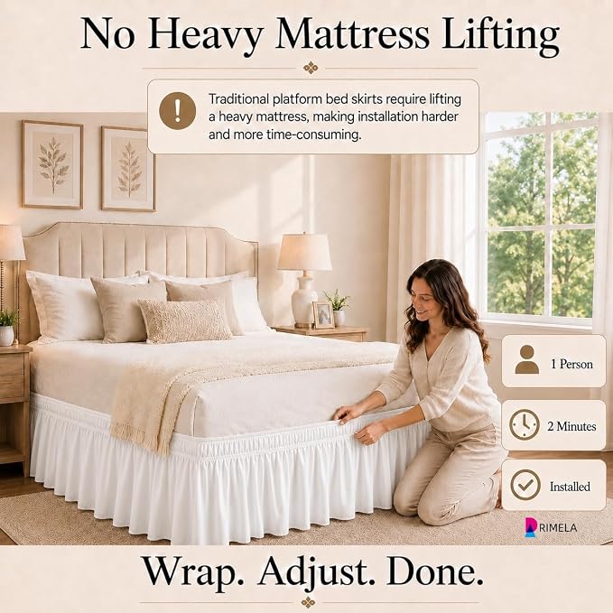 Warm White Bed Skirt King Size 12" Drop, Elastic Wrap Around Bedskirt | Solid Ruffled, Easy to Use, No Mattress Lifting, Wrinkle & Fade Resistant, with Adhesive Strips, Machine Wash/Dry/Iron