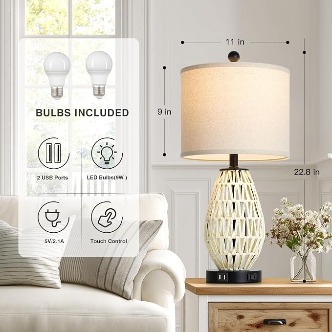CINSARY Touch Control Rattan Table Lamps, 3 Way Dimmable Bedside Lamps for Bedroom Set of 2 with 2 USB Ports and AC Outlet, Wicker Nightstand Lamps for Living Room (LED Bulbs Included), White