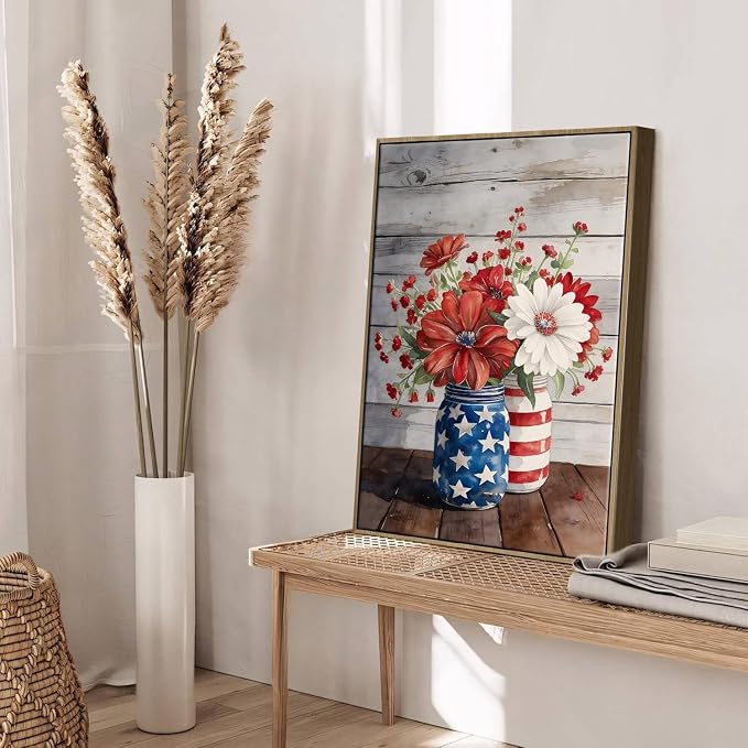 American Flag Framed Canvas Wall Art, 4th of July Patriotic Canvas Prints | Flowers and Stripes Poster Print, Independence Day Wall Decor for Bedroom Living Room Dining Room Office 6×8in