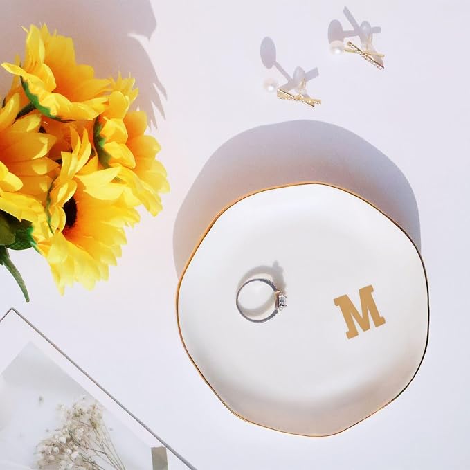 Ceramic Jewelry Tray Initial Ring Dish Personalized M-Monogrammed Engagement Wedding Gifts,Decorative Jewelry Holder for Birthday Mother's Day Christmas for Women, Ceramic White 4.5" (M)