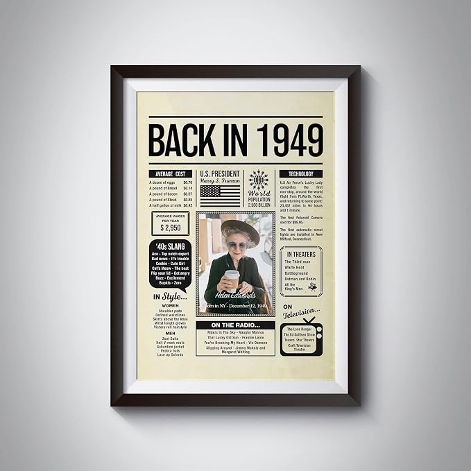 Personalized 76 year old birthday gifts - Back in 1949 Poster - Centerpiece Table Decorations 76th Birthday Party - Custom Born in 1949 Newspaper Vintage Poster for Men, Women
