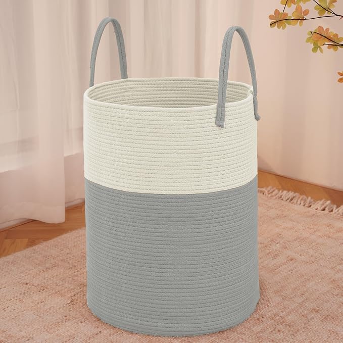 JMvicyroam 60L Cotton Rope Laundry Basket Hamper, White and Grey | Collapsible laundry basket, reinforced handles, freestanding, machine washable, holds 3-5 thick blankets, clothes or toys