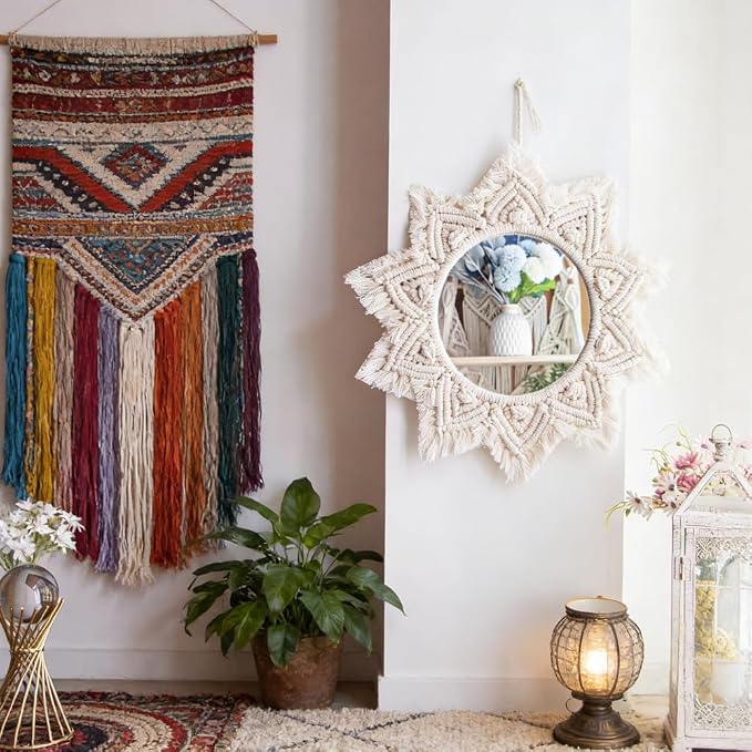 TENEWEE Small Macrame Boho Round Wall Mirror for Apartment & Rental Home | Handmade cotton, HD glass, easy hanging for entryway, dorm, bath & bedroom; farmhouse cottagecore wall small spaces decor