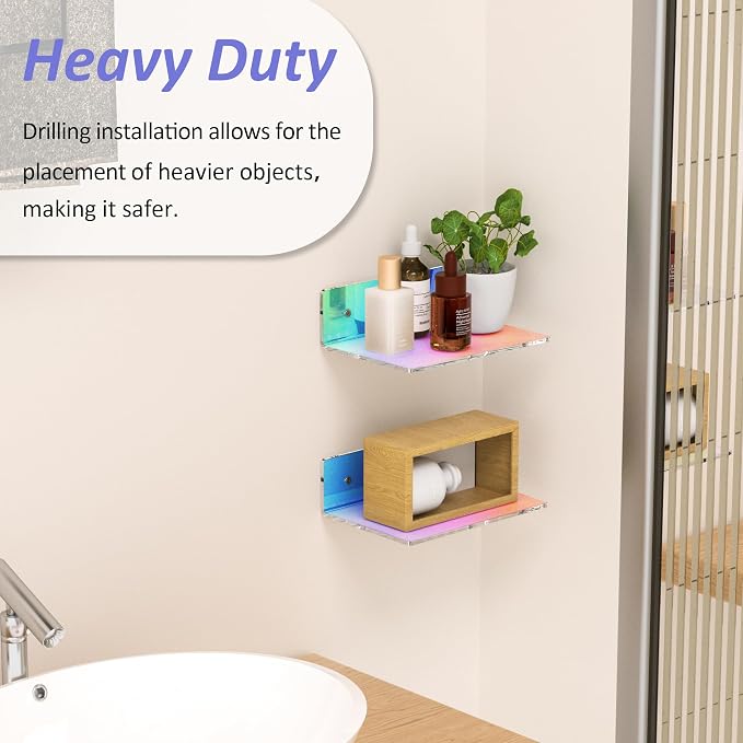 Sezanrpt 9 Inches Iridescent Floating Shelves Acrylic, White Wall Shelves for Living Room Décor, Bedroom, Bathroom, Kitchen, Dining Room, Brand Store, Retails, Gaming Room, 2 Pack