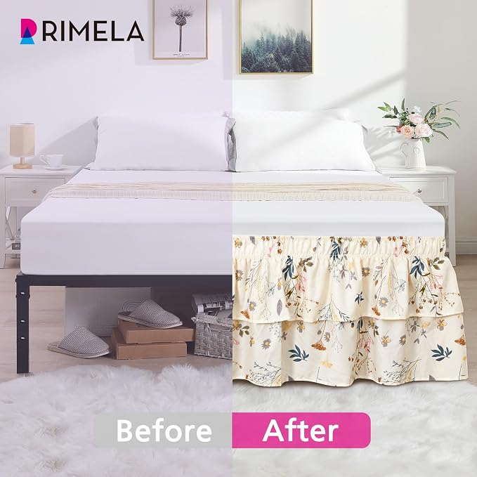 RIMELA Ruffle Bed Skirt Balloon Flower Floral Queen 15 Inch Drop, Elastic Wrap Around Bed Skirting Queen Size, Easy to Install Dust Ruffle, Machine Washable Soft Fabric, Multi Ruffle Bedskirt