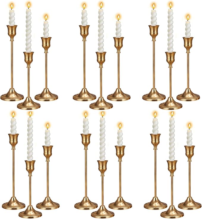 6 Sets Candle Holder Brass Gold Candlestick Holders - Vintage Modern Metal Taper Candle Holders, Decorative Centerpiece for Table Mantel, Wedding Kitchen Home Decor, Wedding Gift,18Pcs
