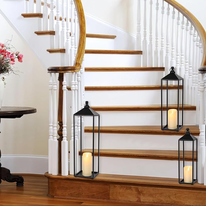 22'' 19'' 17'' Lanterns Decorative Outdoor Indoor, Set of 3 Floor Lanterns | Outdoor Lanterns with Candles, Glass-free Modern Farmhouse Lanterns for Room, Porch, Mantle, Patio, Garden