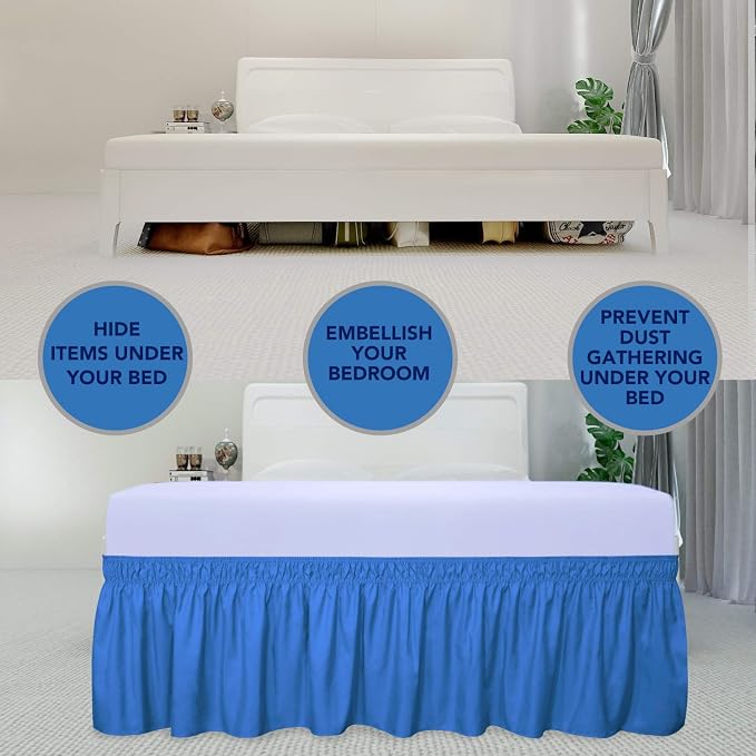 PureFit Wrap Around Ruffled Bed Skirt, Blue, Twin/Full - 14" Drop | Wrinkle Free Bedskirt Dust Ruffles, Easy to Put On Frame Cover with Adjustable Elastic Belt