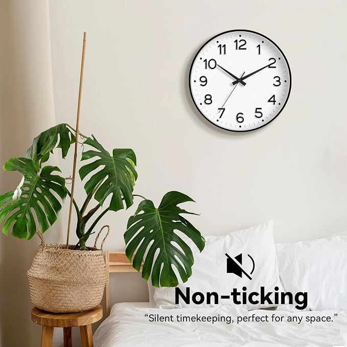 Roymnie 12 Inch Wall Clock Battery Operated Silent Non Ticking Analog | Black modern analog; large 3D easy-read dial for kitchen, office, bathroom & bedroom; 1 AA battery (not included)