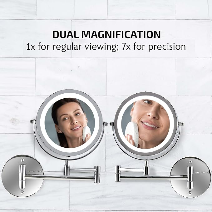 OVENTE 7" Wall Mounted Lighted Makeup Mirror, Nickel Brushed MFW70BR1X7X | Cordless Double Sided 1X/7X Magnifying Mirror for Bathroom with LED Lights, 360° Rotation, Extendable Arm, Battery Operated