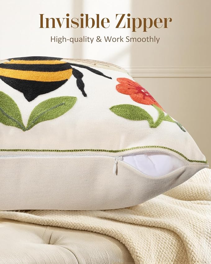 Animal Embroidered Throw Pillow Cover 18x18 Inch, Bee Floral | Decorative Pillow Cover, Farmhouse Cushion Cases with Hidden Zipper, Cottagecore Decor for Couch, Sofa, Living Room