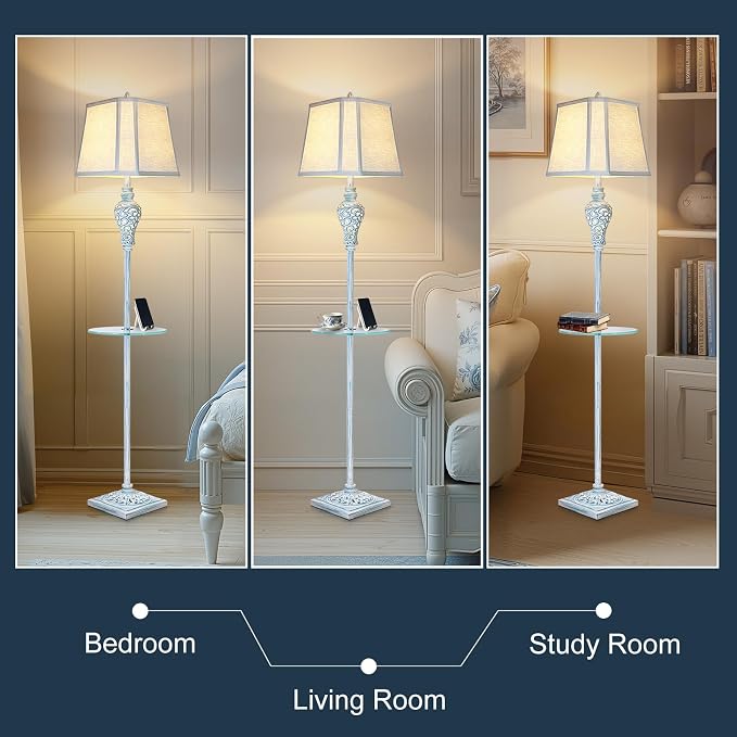 Vintage Floor Lamp with Night Light and Glass Tray, Washed Blue Finish