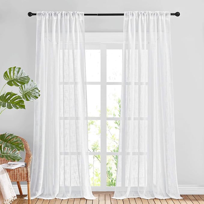 NICETOWN White Sheer 108 inch Curtains, Rod Pocket & Back Tab Semi Linen Sheer Window Treatment Privacy Drapes for Living Room/Bedroom, 104" Wide Total 2 PCs