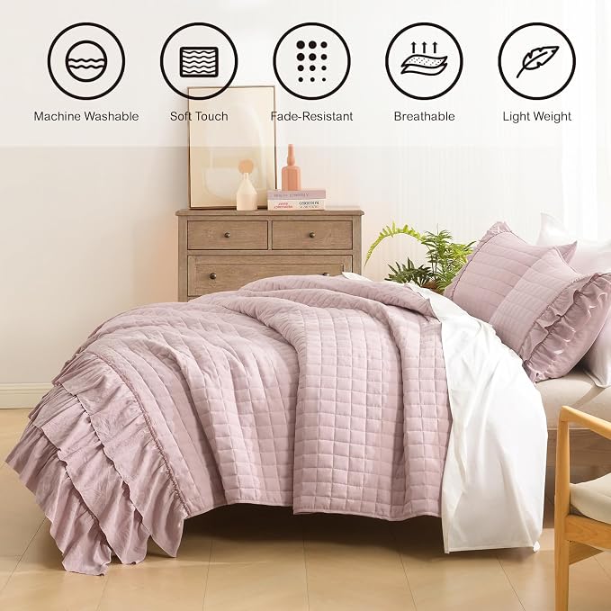 HORIMOTE HOME Dusty Pink Ruffled Quilt Set Queen Size, Classic Geometric Square Stitched Pattern, Pre-Washed Farmhouse Shabby Chic Microfiber Lightweight Bedding Set Bedspread Coverlet for All Season