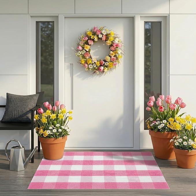 Buffalo Plaid Area Rug, Checkered Rug 27.5x43 Inches, Pink and White Rug, Washable Cotton Mat for Front Porch, Entryway, Kitchen, Living Room, Home Decor