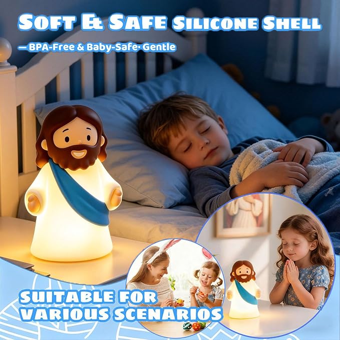 Jesus Night Light Rechargeable Bedside Night Light Dimmable Silicone LED Light Ideal for Religious Gatherings, Gifts for Sunday School, Baptism Presents, Easter Egg Decorations (blue) (Blue)