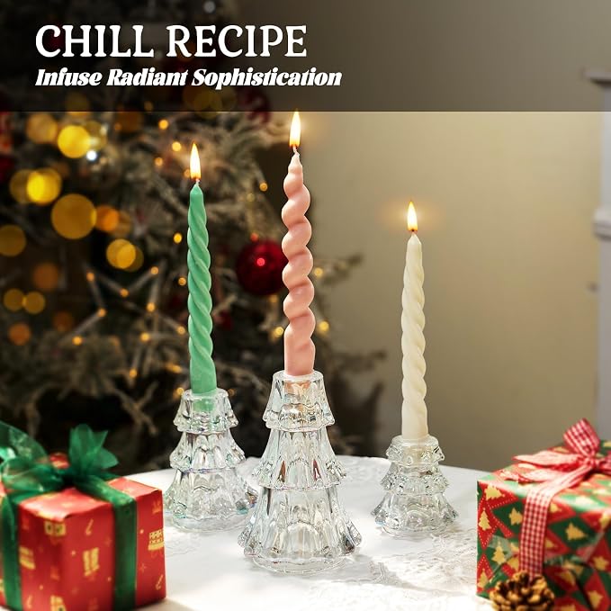 CHILL RECIPE Christmas Tree Candle Holders Xmas Glass Taper Candlestick Holders Thickened with Rubber Candle Grippers for Decoration Table Centerpiece Dinner Party Home Decor(Sparkly Clear 3Pcs &Box)