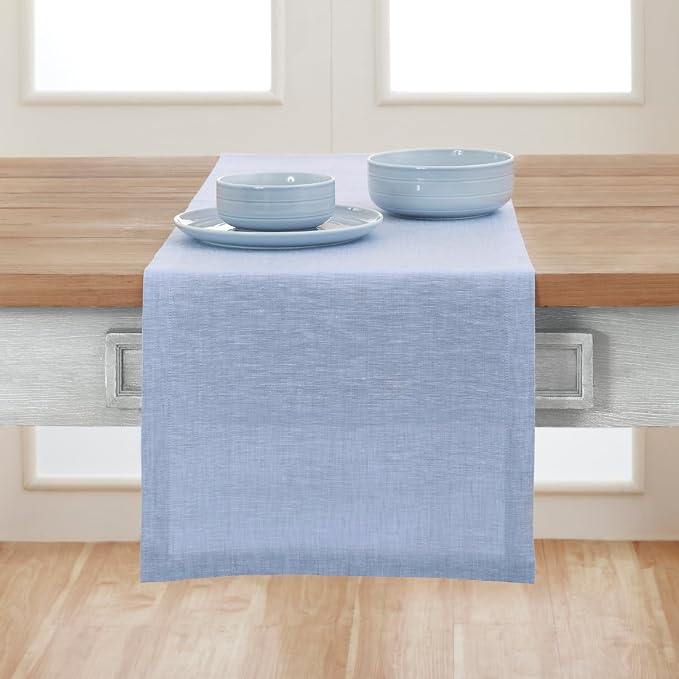 Solino Home 100% Pure Linen Table Runner Chambray Blue, Athena 14 x 132 in | brings a tailored look to family meals and hosting, European flax fibres, a refined home accent, soft, OEKO-TEX Certified