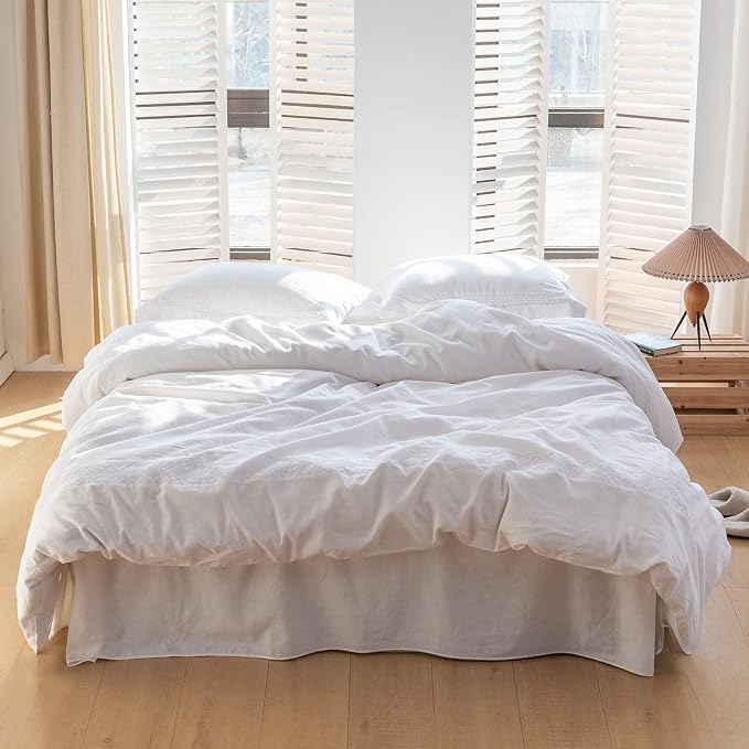 BISELINA French Linen Bed Skirt with Pleated Corner 18-Inch Tailored Drop Natural Flax Cotton Blend Basic Dust Ruffle Soft Cozy Farmhouse Bedding (18" Twin, Basic White)