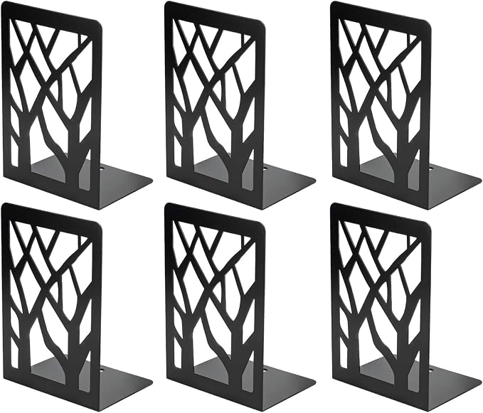 MaxGear Book Ends Tree Design Bookends for Shelves 7 x 4.7 x 3.5” 3 Pair | Metal Constructio,Heavy Duty,Non-Skid Pads,Scratch Resistant,Stable Support,Space Saving,6 Pieces,Bookcase Desktop Use