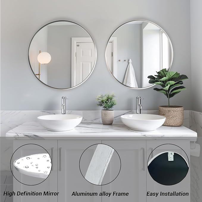 Nickel Round Mirror 20 inch, 2 Pack Circle Mirror with Metal Frame | High Definition Mirror, Rust-resistant, Easy installation, Round Mirrors for Bedroom, Guest Room, Baby room, Vanity