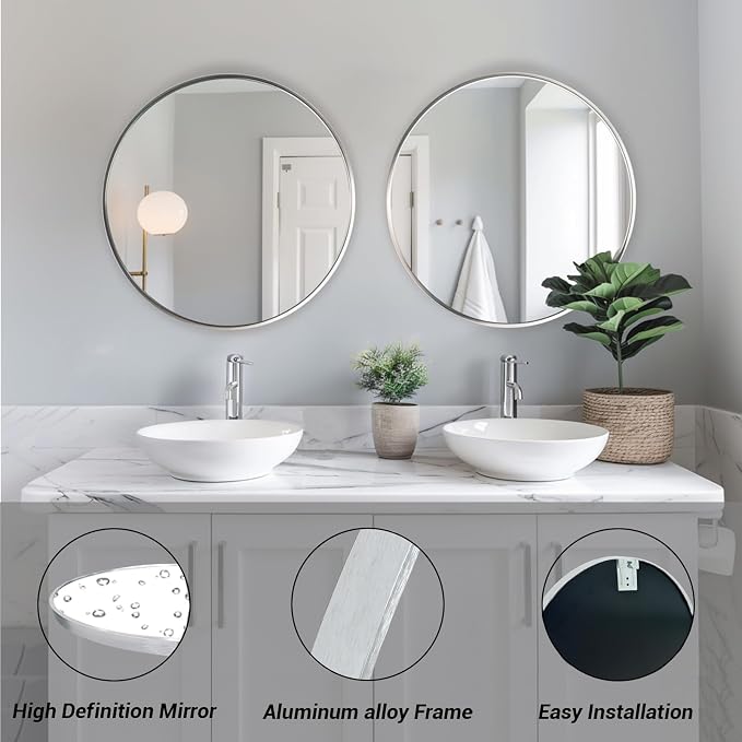 18 inch Round Mirror, Round Wall Mirror, Brushed Silver Metal Frame | Durable, Rust-resistant, High Definition Mirror, Easy Installation, Suitable for Vanity, Nursery, Bedroom, Bathroom