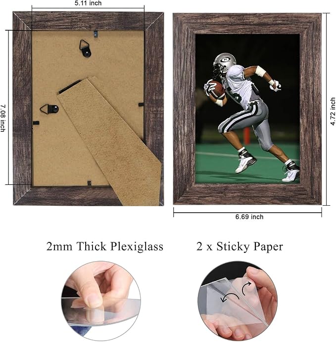 Q.Hou 5x7 Picture Frame Wood Pattern Rustic Brown Photo Frames Packs 4 with High Definition Plexiglass for Tabletop or Wall Decor (QH-PF5X7-BR)