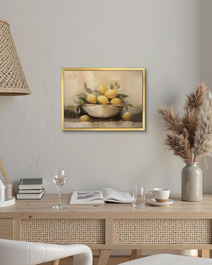 AIMAILON Framed Yellow Lemon With Leaf Pattern, Static Plant Artwork 12x16 | golden frame, expressive brushstrokes, easy to hang, kitchen decoration