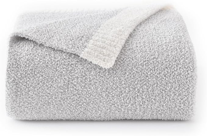Chunky Knit Boucle Throw Blanket, Soft Washable Coastal Blanket for Bed Couch, Lightweight Cozy Oversized Feather Knit Blanket Indoor Outdoor for Sofa (Grey, Throw 50"x60")