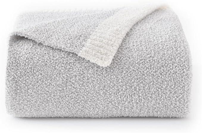 Chunky Knit Boucle Throw Blanket, Soft Washable Coastal Blanket for Bed Couch, Lightweight Cozy Oversized Feather Knit Blanket Indoor Outdoor for Sofa (Grey, Twin 60"x80")