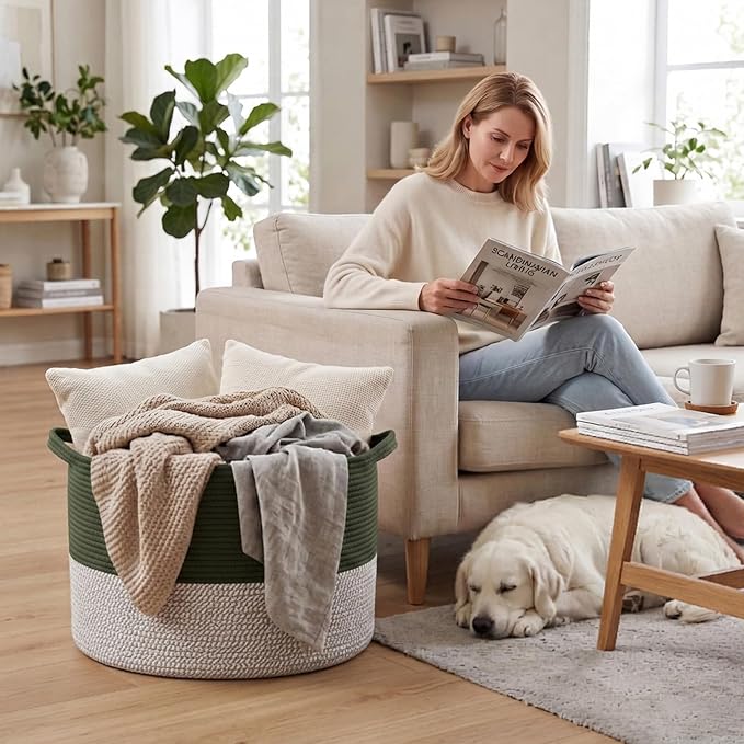 65L Large Blanket Basket,Woven Rope Laundry Basket-Green&White | Collapsible, reinforced handles, nursery storage bin organizes clothes, toys and pillows for living room, bedroom bathroom