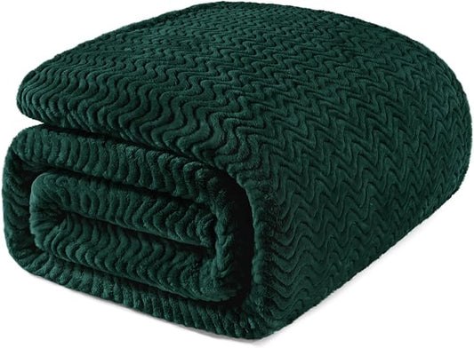 Exclusivo Mezcla Soft Fleece Blanket Queen Size for Bed, Sofa, Forest Green | 90"x90" Breathable Lightweight Flannel Blanket for Summer, Plush Cozy Jacquard Wave for Home Decor
