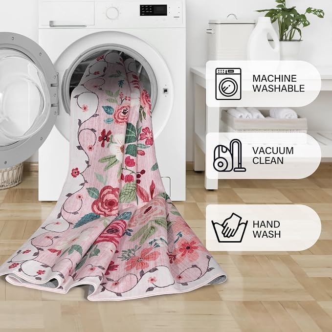 DUKINO 3x10 Runner Rug, Floral Washable Kitchen Runner Rug Non Slip, Pink | Soft, Low Pile, Stain Resistant Indoor Rug Runner for Hallway, Entryway, Bedroom, Bathroom, Modern Home Decor, Pet Friendly