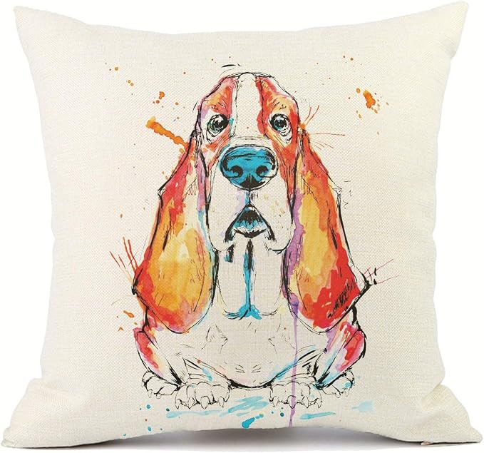 Cute Pet Basset Hound Dog Throw Pillow Covers Cotton Linen Sofa Decorative Cushion Cases for Home Decor 18×18 Inch