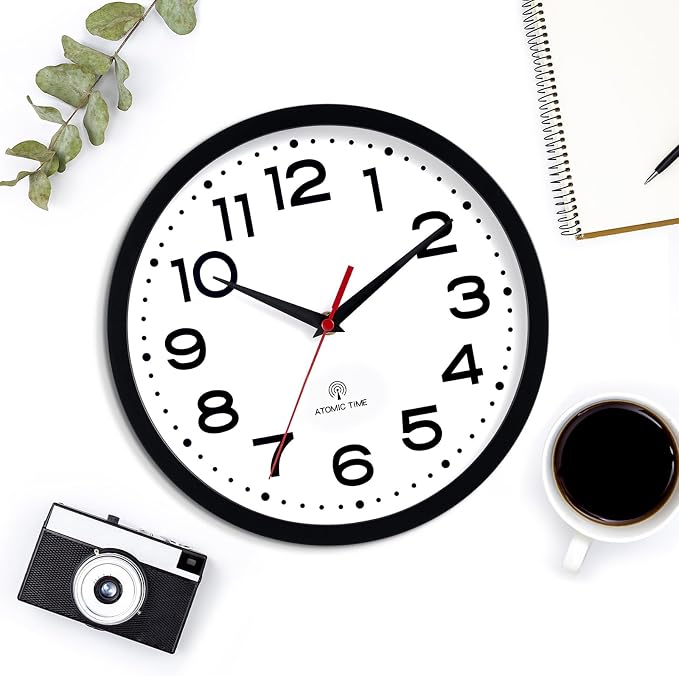 Roymnie 14 Inch Atomic Wall Clock, Battery Operated Silent Non Ticking | Black analog wall clock; bold numerals for easy reading; silent non-ticking; 1 AA battery (not included); for classroom
