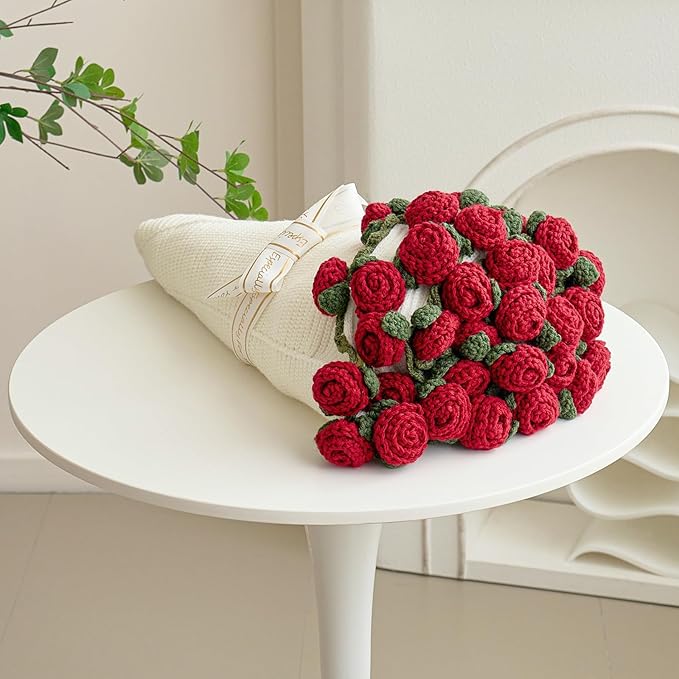 Longhui bedding Crochet Flower Bouquet Throw Blanket, Handmade Knitted Blanket with Red Rose Cute Romantic Gift for Her Girlfriend Mom Mother’s Day Valentine Wedding Anniversary Birthday, 60 Inches