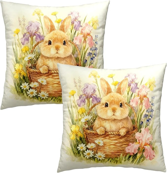 Easter Pillow Covers Lovely Flowers Bunny Throw Pillow Covers 20x20 Watercolor Rabbit with Iris Daisy Floral Pillow Cases Easter Decorations for Home Outdoor Spring Decor 2 Pack