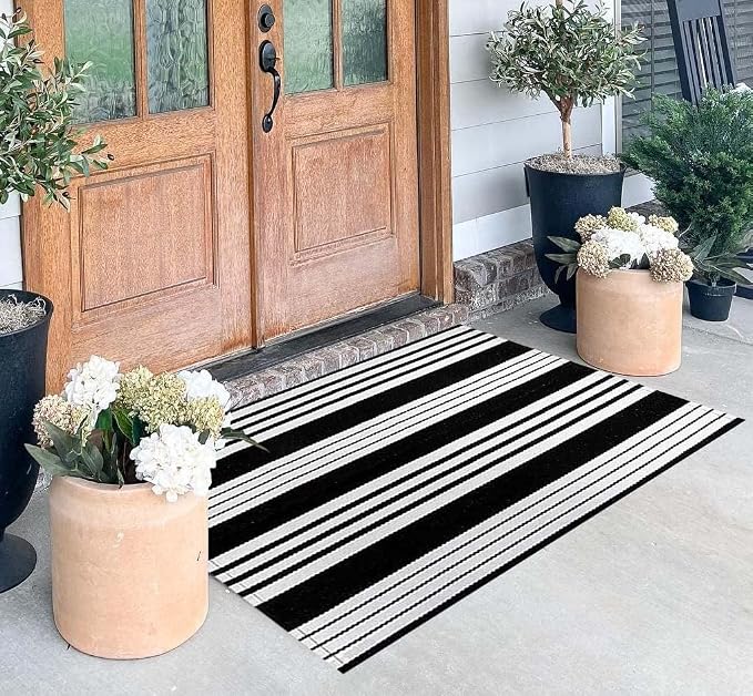 Black and White Layered Doormat 27.5"x43.3"Farmhouse Door Mat Outdoor | Machine Washable Hand-Woven Outdoor Porch Mat Combined Use With Hello Welcome Mat