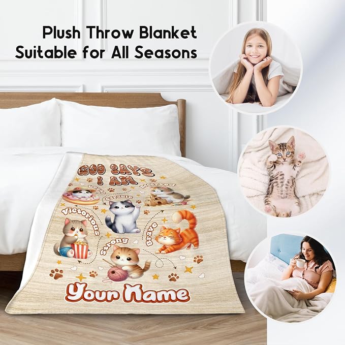 Personalized Cat Blankets with Name, Cat Themed Gifts for Girls Cat Lovers, Animal Print Blanket with Cats on It, God Says I Am Blanket for Kids Daughter Son, Fleece Throw Blankets for Chair, 30"x40"