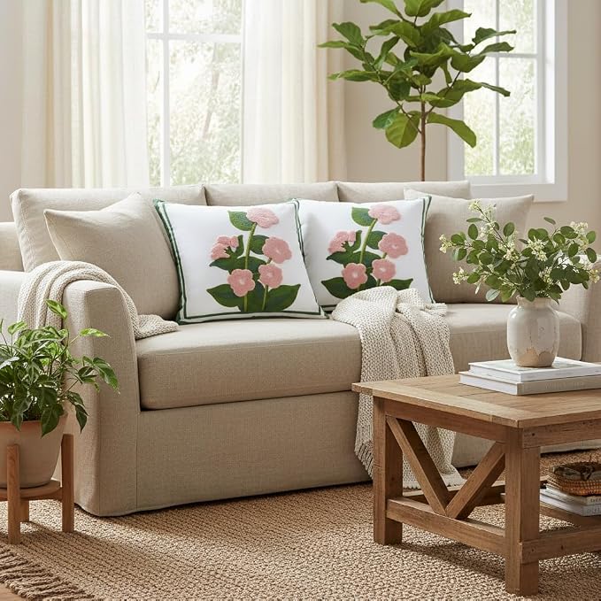 LUOYEHK Embroidered Throw Pillow Covers 18x18 Inch Set of 2 Pink Flower with Green Leaves Decorative Pillow Cases Spring Farmhouse Floral Cushion Covers for Couch Sofa Bed Living Room