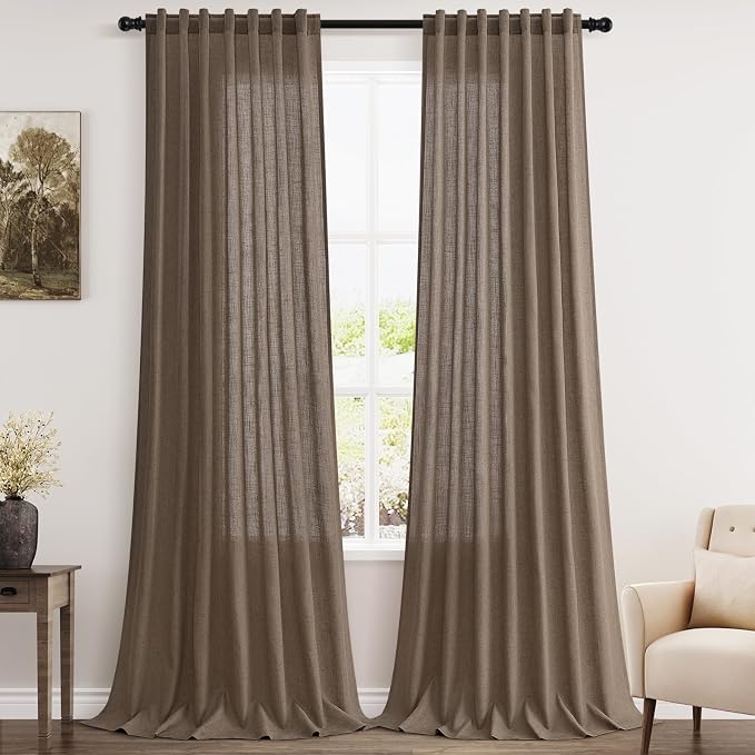 Extra Long Light Brown Curtain 108 Inches Long 2 Panels Set Back Tab Linen Drapes for Living Room Neutral Farmhouse Light Filtering Semi Sheer Linen Curtains 108 Inch Length for Large Window 9 FT