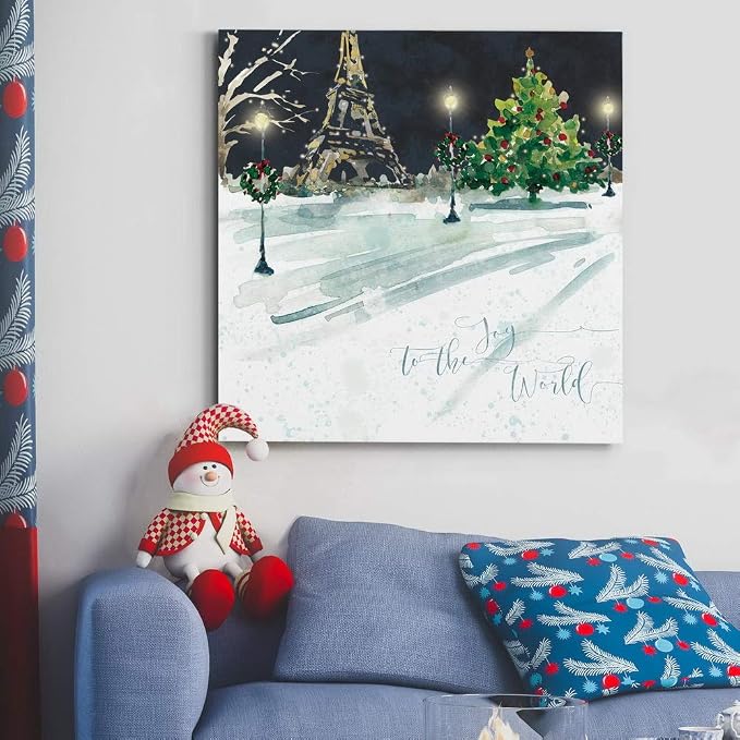Renditions Gallery Canvas Wall Art Paintings for Home Decorations Snowy Paris Street in Christmas Night Abstract Artowrk for Living Room Home Kitchen Wall Decor - 32"X32" LT05