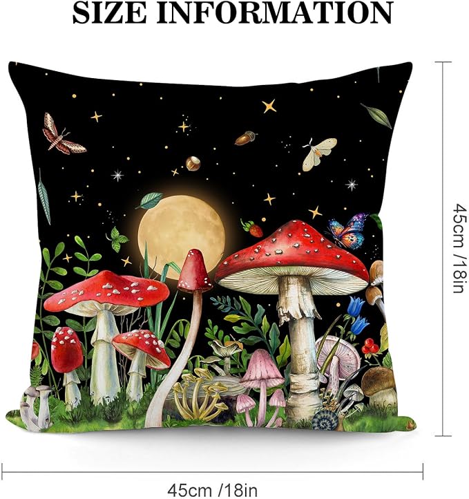 Red Mushroom Pillow Covers Aesthetic 18"x18" Witchy Cushion Covers Set of 2 Black Ourdoor Decorative Throw Pillow Cases for Couch Bed Sofa Chair,Witchy Living Room Decor