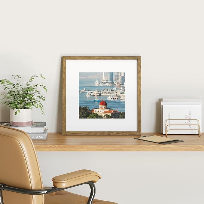 8x8 Picture Frame Set of 9, Display Pictures 4x4 with Mat or 8x8 without Mat, Multi Collage Gallery Square Photo Frames for Wall or Tabletop,Light Brown