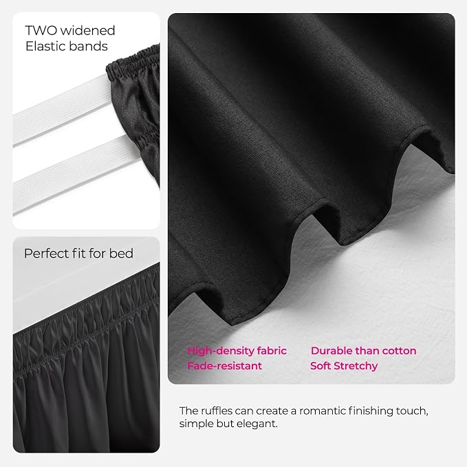 Dorm Bed Skirt Twin XL 25" Drop, College Dorm Room Essentials, Black | Solid ruffled, Wrap-around/elastic, Wrinkle & Fade resistant, with Adhesive Strips, Gift Packed, Machine Wash/Tumble Dry/Iron