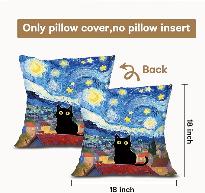 Funny Black Cat Pillow Covers 18x18, Black Cat Gifts for Women, Rustic Whimsical Starry Night Kitten Decorative Throw Pillow Covers Pillowcases for Home Bedroom Living Room Decor