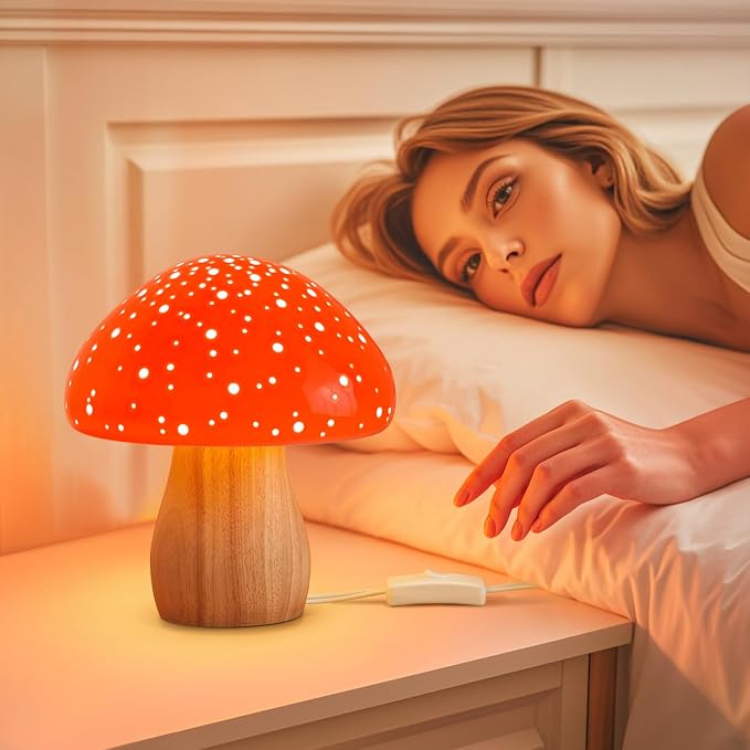 BOHON Mushroom Lamp Ceramic Bedside Table Lamp, Red