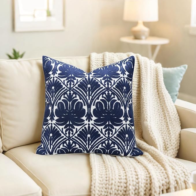 Slow Cow Embroidered Blue Throw Pillow Cover Geometric Decorative Cushion Covers for Sofa 18 x18 Inches