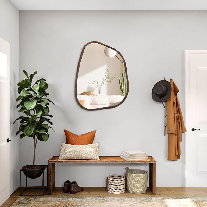 Irregular Asymmetrical Mirror Wall Mounted, Unique Vanity Mirror, Shaped Dressing Mirror Decorative for Living Room, Bathroom, Bedroom, Entryway Wall Decor Brown 20"x16"