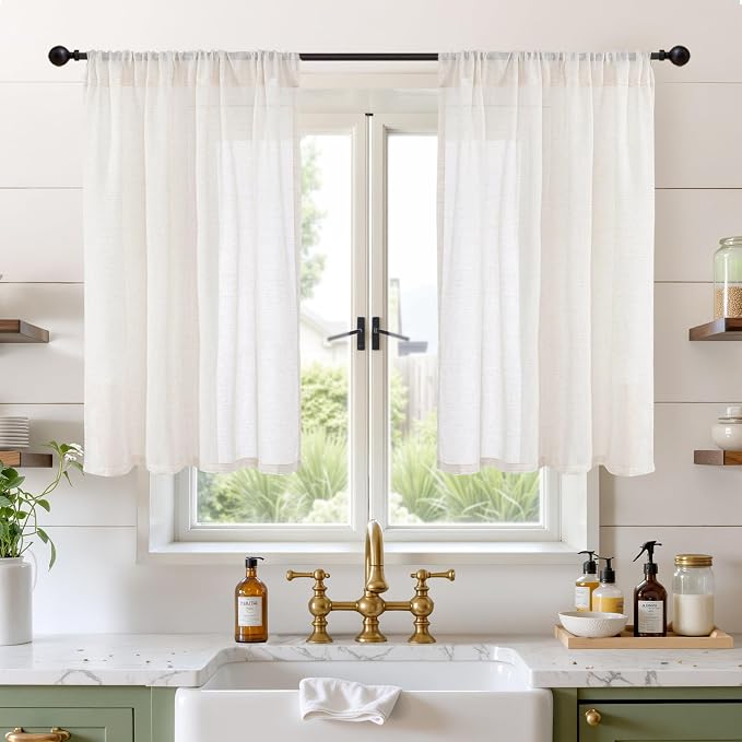 BGment Linen Curtains 42X40 Inch Length for Kitchen Window Semi Sheer | Rod Pocket Drapes Natural Light Filtering for Bedroom Bathroom Lightweight Rustic, 2 Panels Set